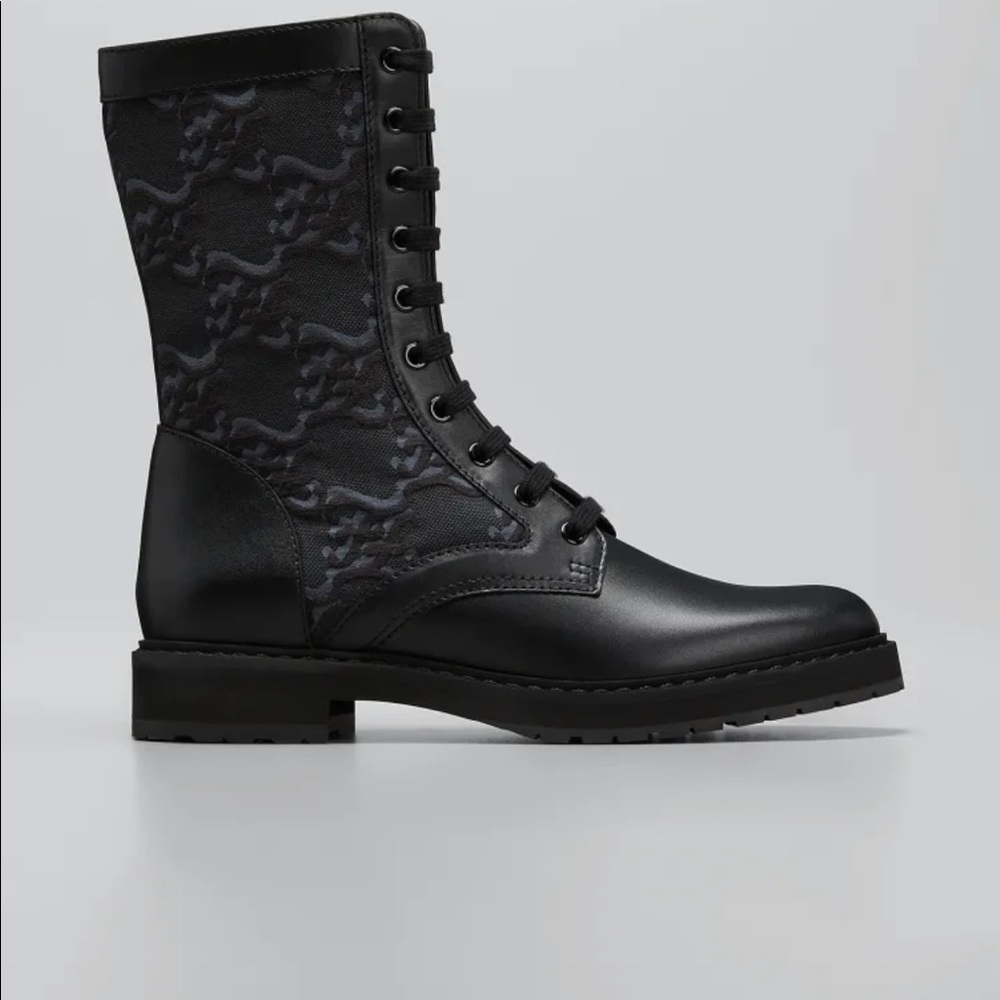 Fendi logo jacquard canvas and leather combat booties 
New, never worn, size 9